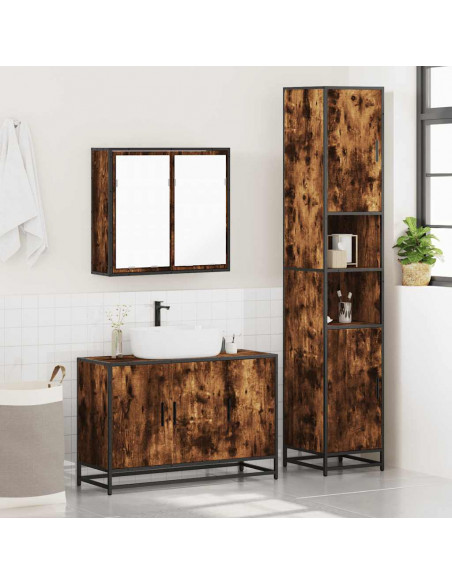 Set Mobili da Bagno 3 pz Rovere Fumo in Legno Multistrato