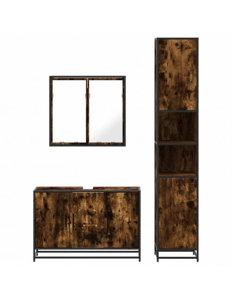 Set Mobili da Bagno 3 pz Rovere Fumo in Legno Multistrato