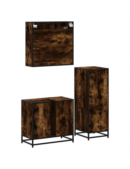Set Mobili da Bagno 3 pz Rovere Fumo in Legno Multistrato