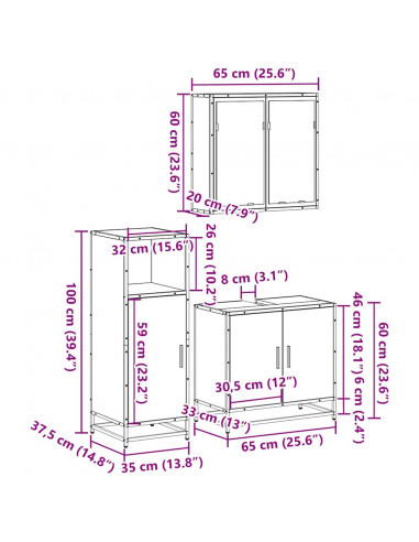 Set Mobili da Bagno 3 pz Rovere Fumo in Legno Multistrato