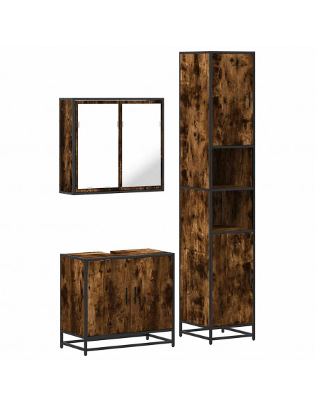 Set Mobili da Bagno 3 pz Rovere Fumo in Legno Multistrato