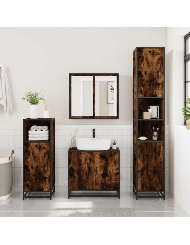 Set Mobili da Bagno 3 pz Rovere Fumo in Legno Multistrato