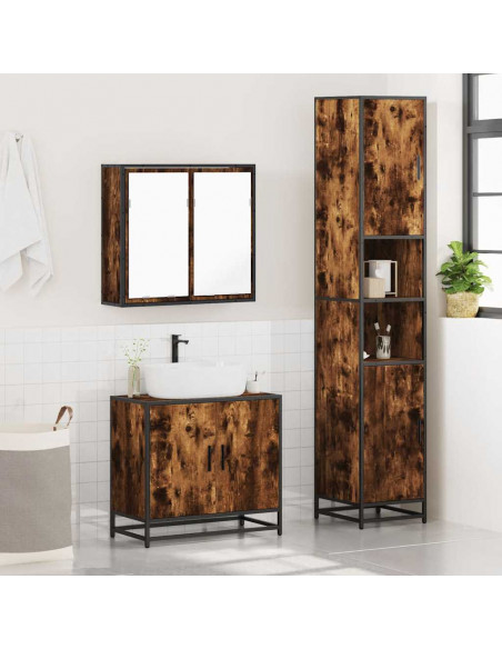Set Mobili da Bagno 3 pz Rovere Fumo in Legno Multistrato