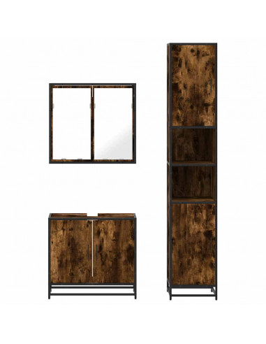 Set Mobili da Bagno 3 pz Rovere Fumo in Legno Multistrato