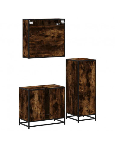 Set Mobili da Bagno 3 pz Rovere Fumo in Legno Multistrato
