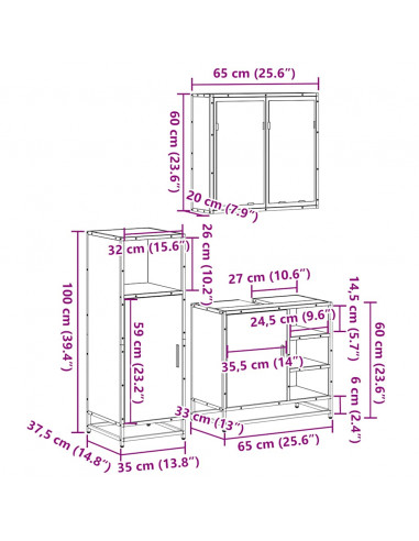 Set Mobili da Bagno 3 pz Rovere Fumo in Legno Multistrato