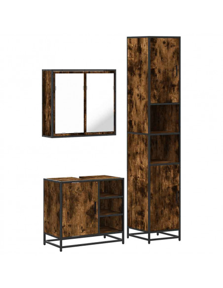 Set Mobili da Bagno 3 pz Rovere Fumo in Legno Multistrato