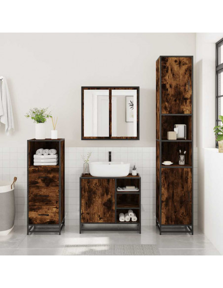 Set Mobili da Bagno 3 pz Rovere Fumo in Legno Multistrato