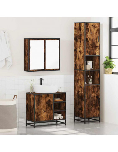 Set Mobili da Bagno 3 pz Rovere Fumo in Legno Multistrato