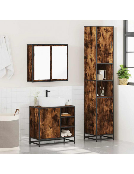 Set Mobili da Bagno 3 pz Rovere Fumo in Legno Multistrato