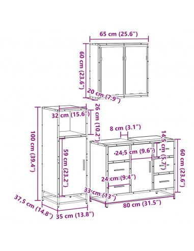 Set Mobili da Bagno 3 pz Rovere Fumo in Legno Multistrato