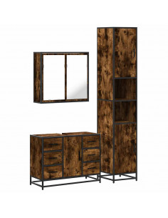 Set Mobili da Bagno 3 pz Rovere Fumo in Legno Multistrato