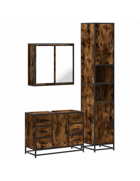 Set Mobili da Bagno 3 pz Rovere Fumo in Legno Multistrato