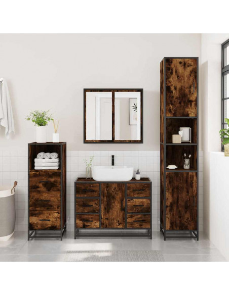 Set Mobili da Bagno 3 pz Rovere Fumo in Legno Multistrato