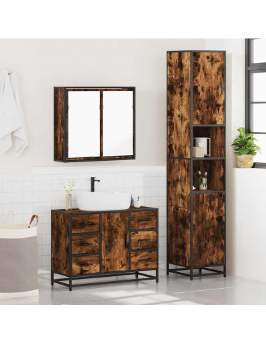 Set Mobili da Bagno 3 pz Rovere Fumo in Legno Multistrato