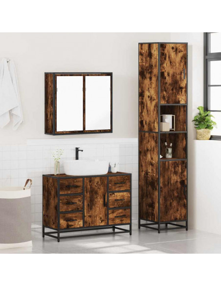 Set Mobili da Bagno 3 pz Rovere Fumo in Legno Multistrato
