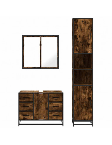 Set Mobili da Bagno 3 pz Rovere Fumo in Legno Multistrato