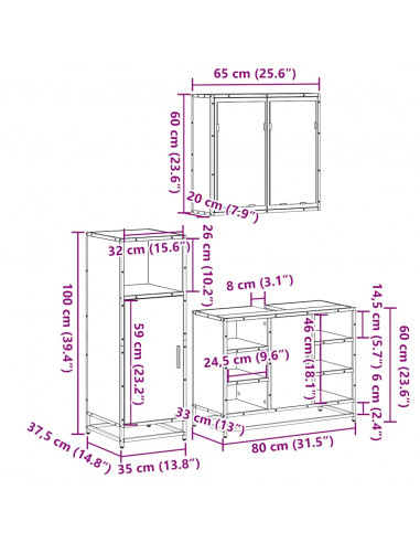 Set Mobili da Bagno 3 pz Rovere Fumo in Legno Multistrato