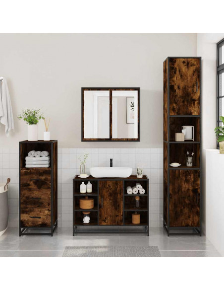 Set Mobili da Bagno 3 pz Rovere Fumo in Legno Multistrato