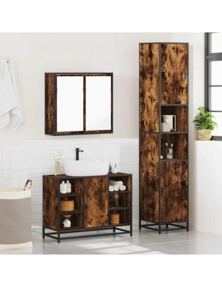 Set Mobili da Bagno 3 pz Rovere Fumo in Legno Multistrato