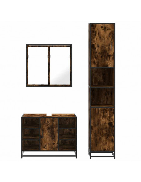 Set Mobili da Bagno 3 pz Rovere Fumo in Legno Multistrato