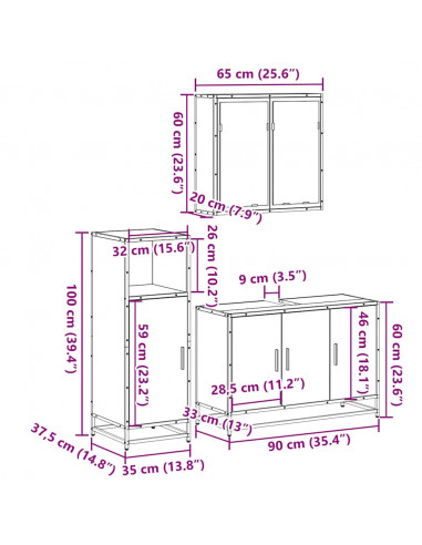 Set Mobili da Bagno 3 pz Rovere Marrone in Legno Multistrato