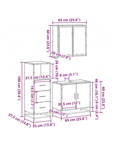 Set Mobili da Bagno 3 pz Rovere Marrone in Legno Multistrato