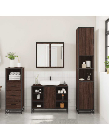 Set Mobili da Bagno 3 pz Rovere Marrone in Legno Multistrato