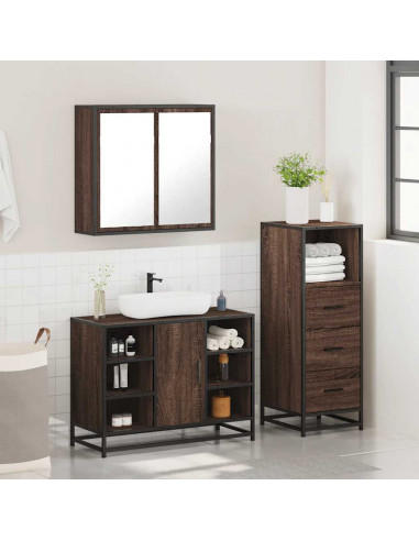 Set Mobili da Bagno 3 pz Rovere Marrone in Legno Multistrato