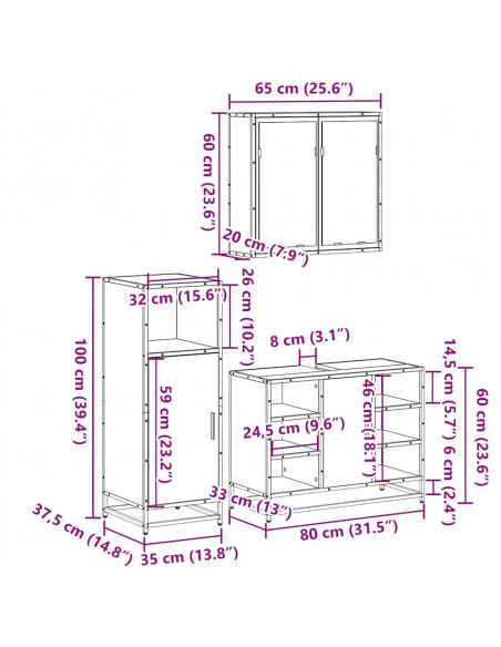 Set Mobili da Bagno 3 pz Rovere Marrone in Legno Multistrato