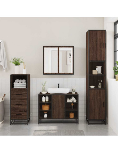 Set Mobili da Bagno 3 pz Rovere Marrone in Legno Multistrato