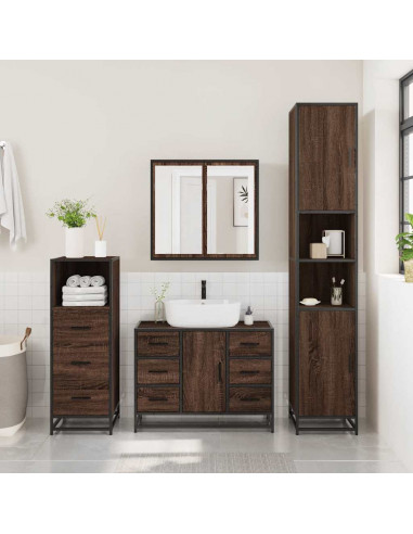 Set Mobili da Bagno 3 pz Rovere Marrone in Legno Multistrato