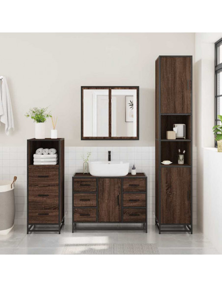 Set Mobili da Bagno 3 pz Rovere Marrone in Legno Multistrato