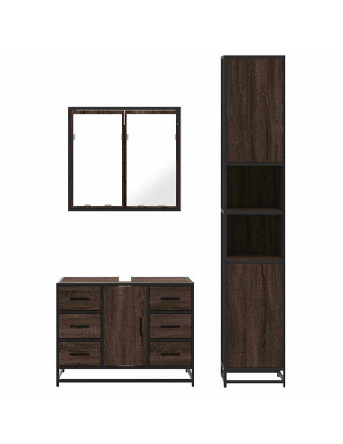 Set Mobili da Bagno 3 pz Rovere Marrone in Legno Multistrato