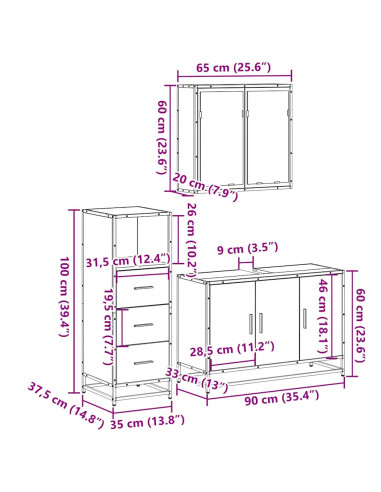 Set Mobili da Bagno 3 pz Rovere Sonoma in Legno Multistrato