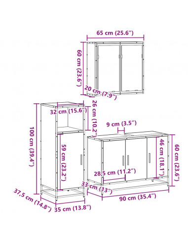 Set Mobili da Bagno 3 pz Rovere Sonoma in Legno Multistrato