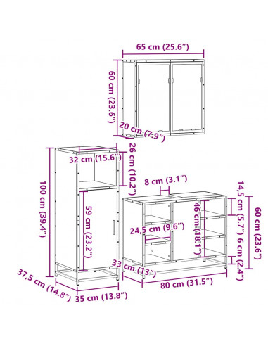 Set Mobili da Bagno 3 pz Rovere Sonoma in Legno Multistrato