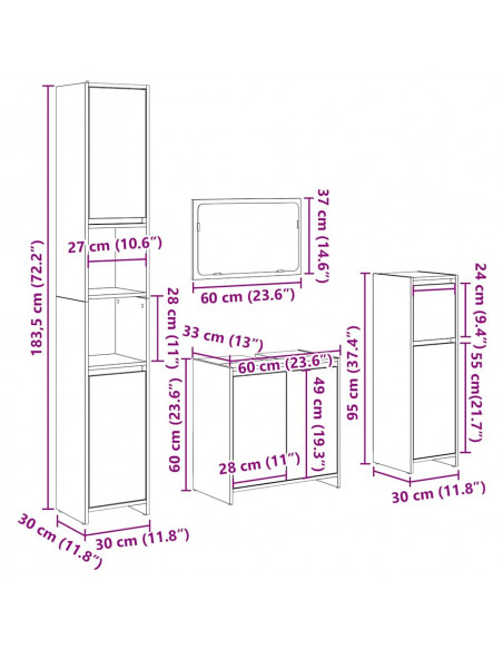 Set Mobili da Bagno 4 pz Grigio Cemento in Legno Multistrato