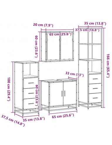 Set Mobili da Bagno 4 pz Grigio Sonoma in Legno Multistrato
