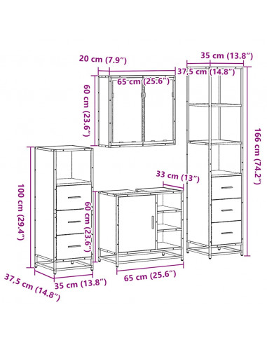 Set Mobili da Bagno 4 pz Grigio Sonoma in Legno Multistrato