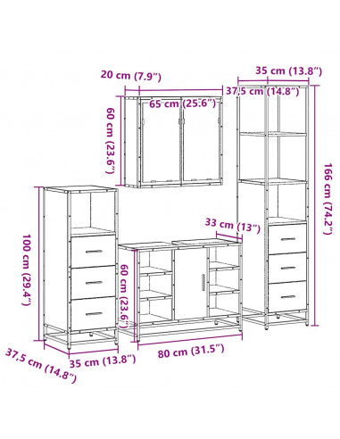 Set Mobili da Bagno 4 pz Grigio Sonoma in Legno Multistrato