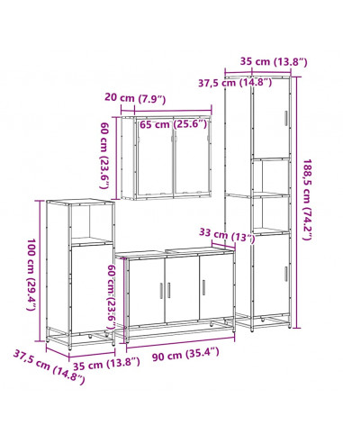 Set Mobili da Bagno 4 pz Rovere Fumo in Legno Multistrato