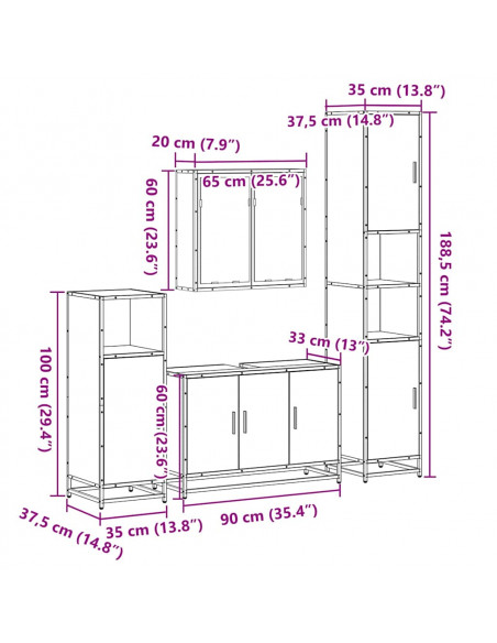 Set Mobili da Bagno 4 pz Rovere Fumo in Legno Multistrato