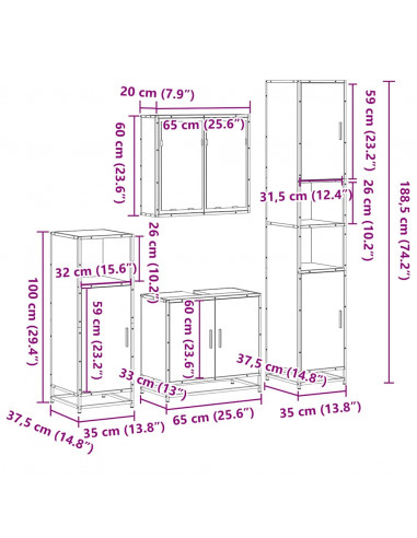 Set Mobili da Bagno 4 pz Rovere Fumo in Legno Multistrato