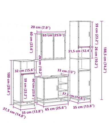 Set Mobili da Bagno 4 pz Rovere Fumo in Legno Multistrato