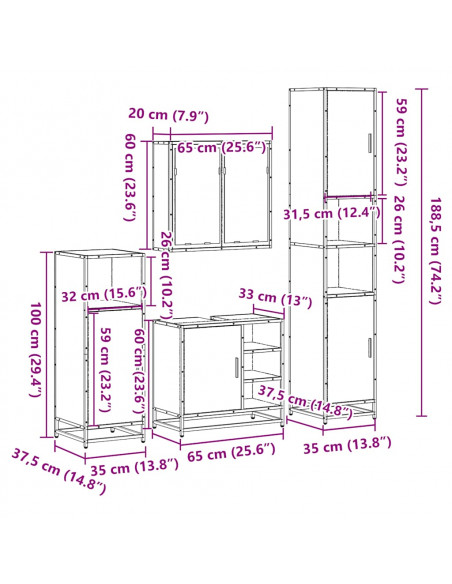 Set Mobili da Bagno 4 pz Rovere Fumo in Legno Multistrato