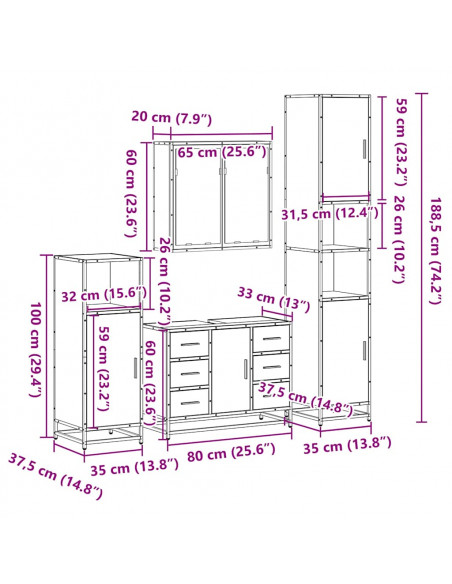 Set Mobili da Bagno 4 pz Rovere Fumo in Legno Multistrato