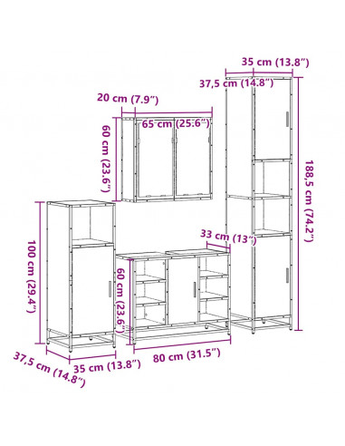 Set Mobili da Bagno 4 pz Rovere Fumo in Legno Multistrato