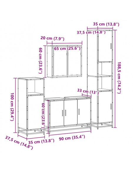 Set Mobili da Bagno 4 pz Rovere Marrone in Legno Multistrato