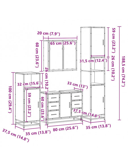 Set Mobili da Bagno 4 pz Rovere Marrone in Legno Multistrato